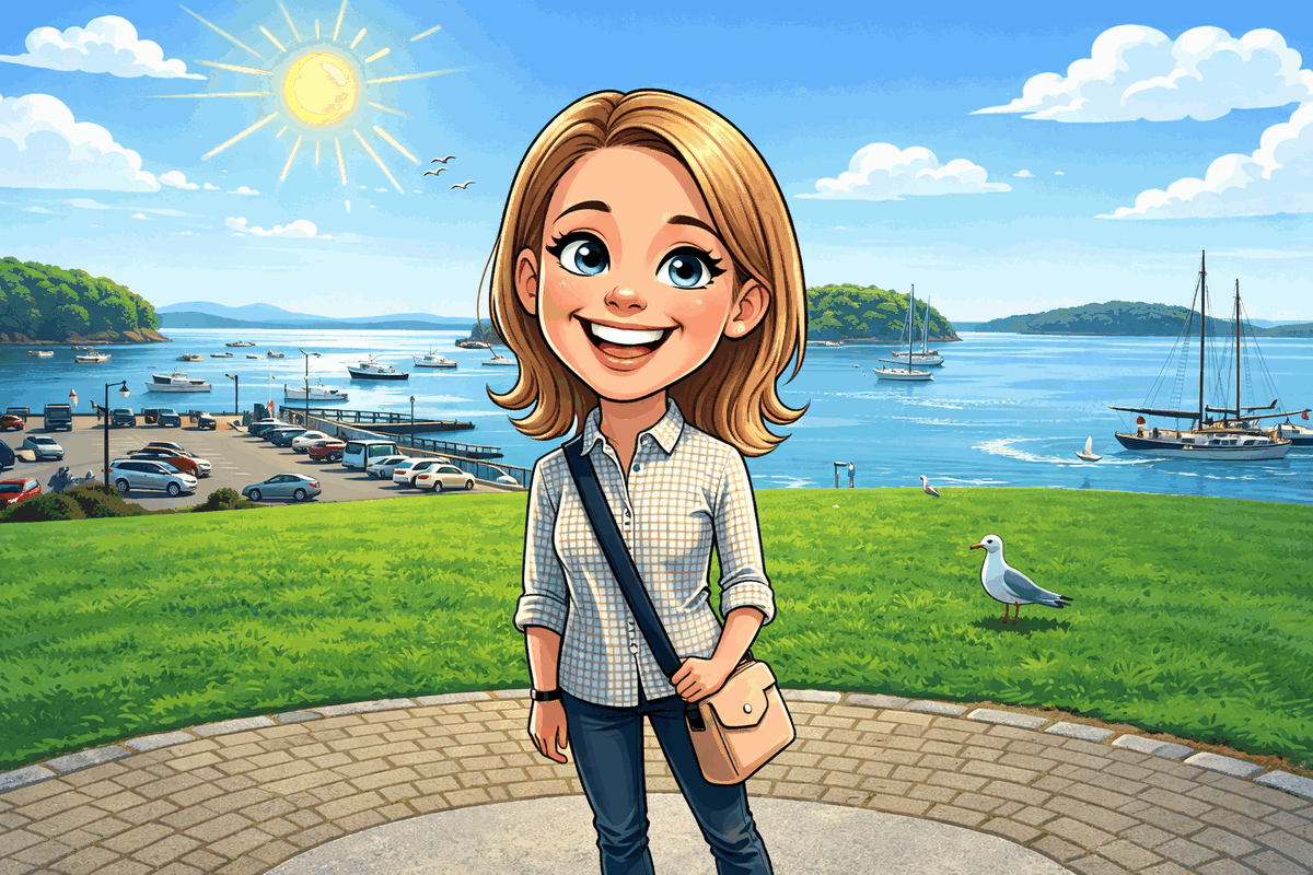 Skye smiling by the coastal harbor in Bar Harbor